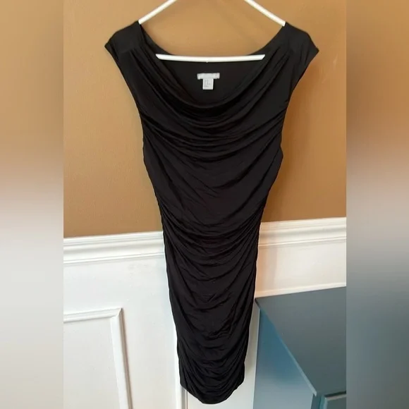 H&M Women’s Black Ruched Dress Size 12 Slinky Bodycon LBD Cocktail - Picture 7 of 7